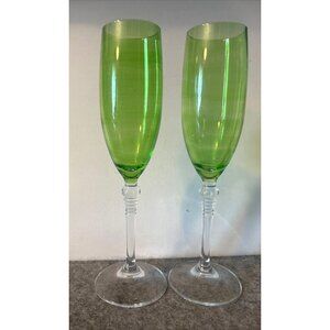 2 Lime Green Champagne/Wine Glasses With Decorative Stem  # 3163